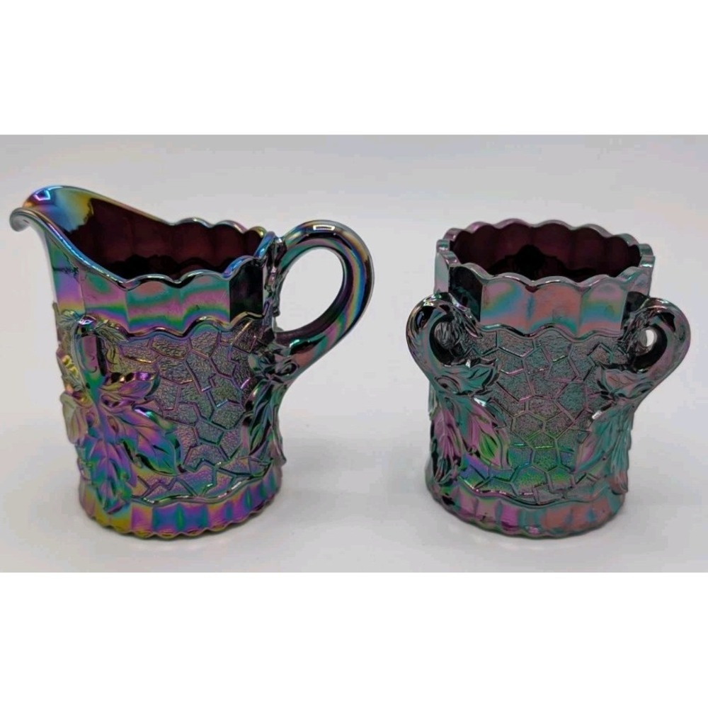 Vintage L.G. Wright Carnival Glass Amethyst Maple Leaf Creamer Sugar Set
